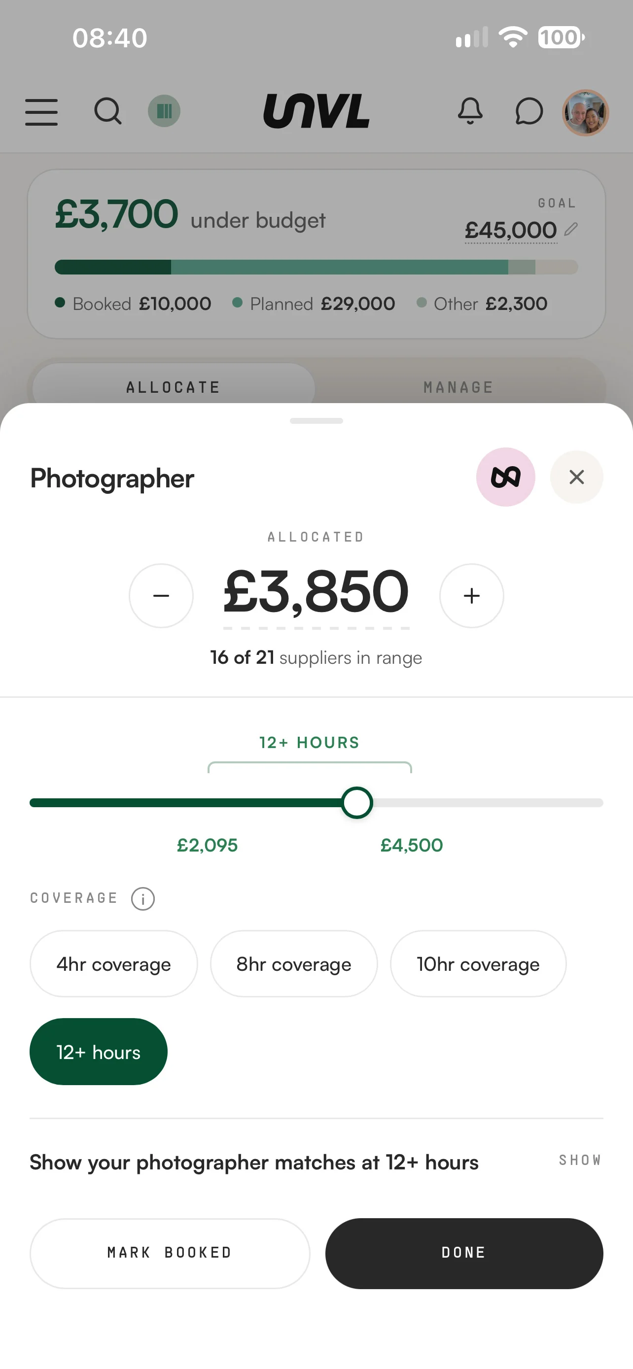 A single budget category in the UNVL app, with the band of what matched suppliers charge