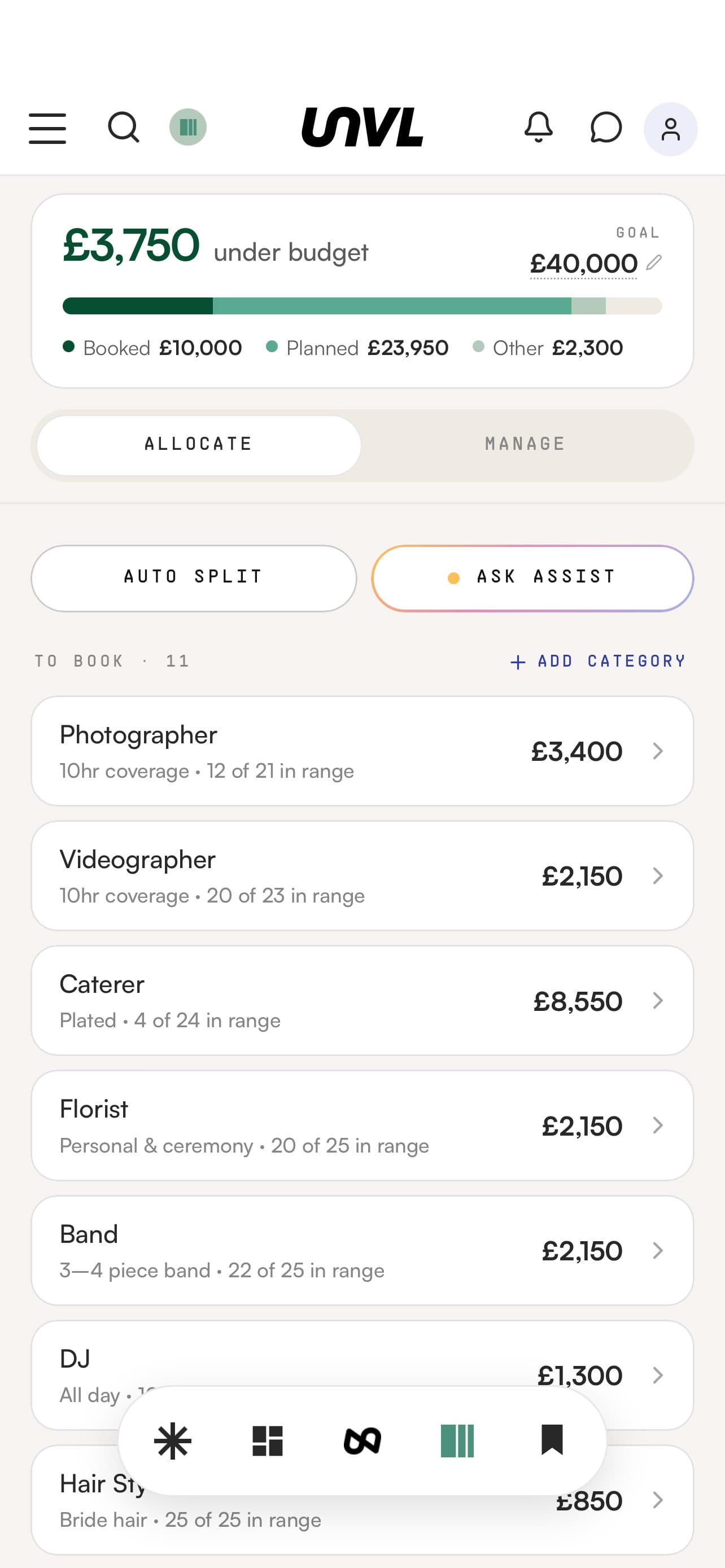 The UNVL app's budget, showing what is booked, planned and still to allocate