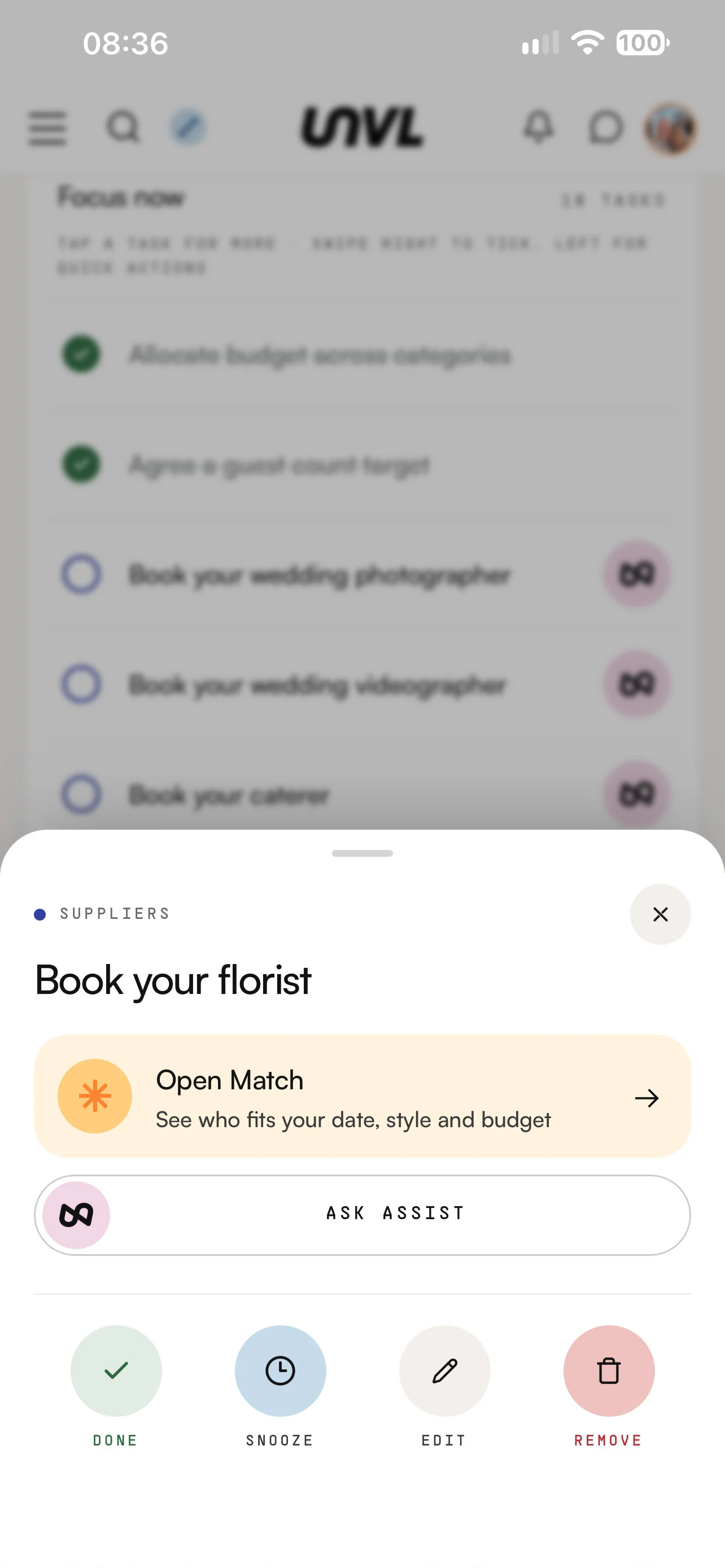 A Focus task opened in the UNVL app: Open Match, Ask Assist, and done, snooze, edit or remove