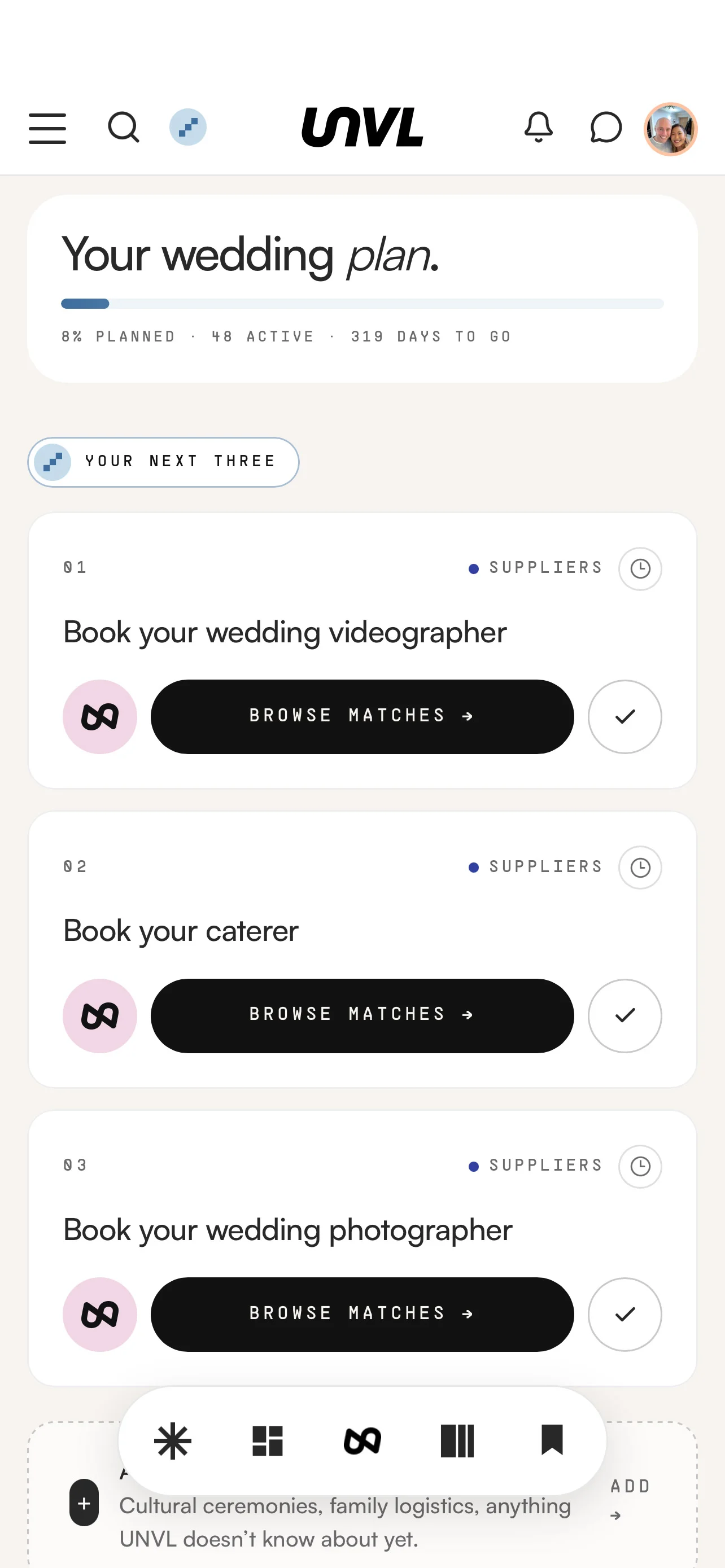 The UNVL app's Focus list, showing the three tasks that matter now