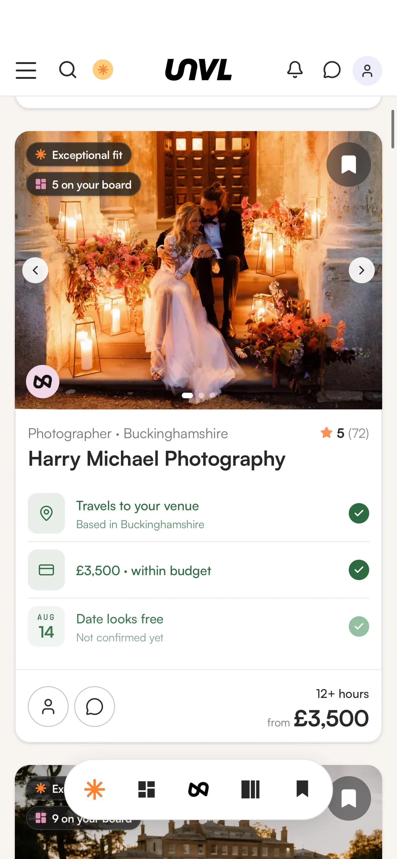 The UNVL app showing a couple's photographer matches, with fit, price and the date check on the card