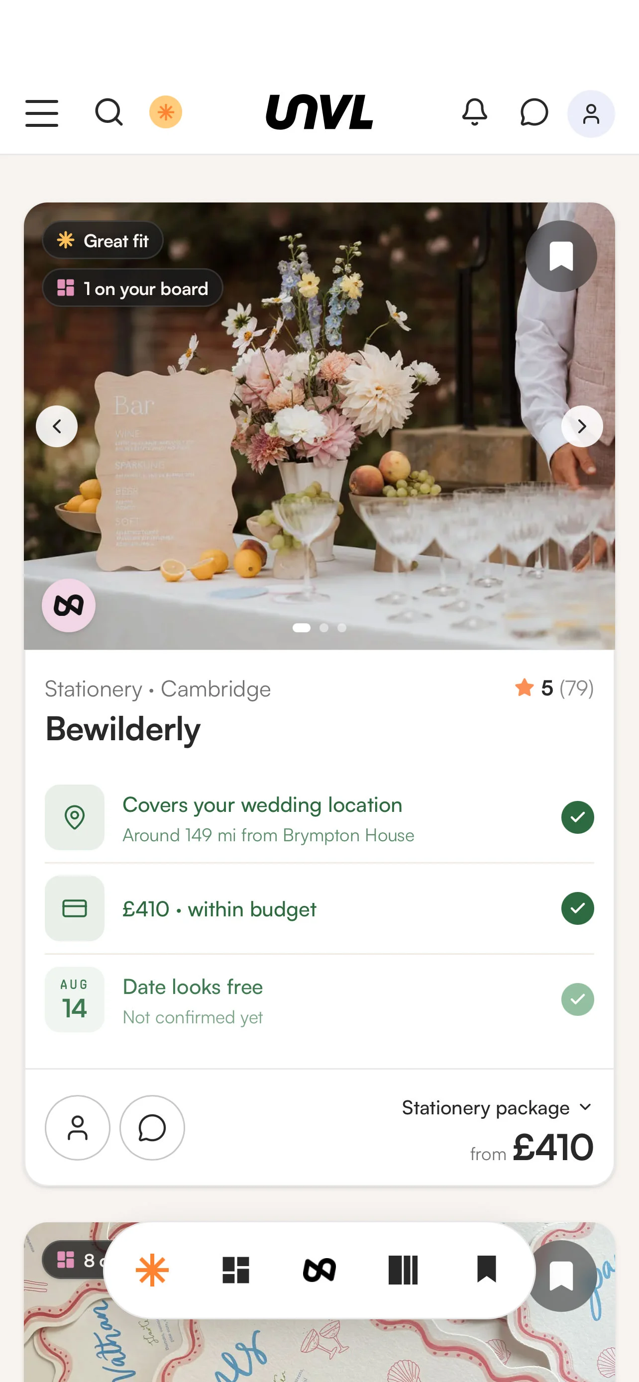 A card from a couple's shortlist in the UNVL app: how well the supplier fits, what they charge, and whether the date looks free