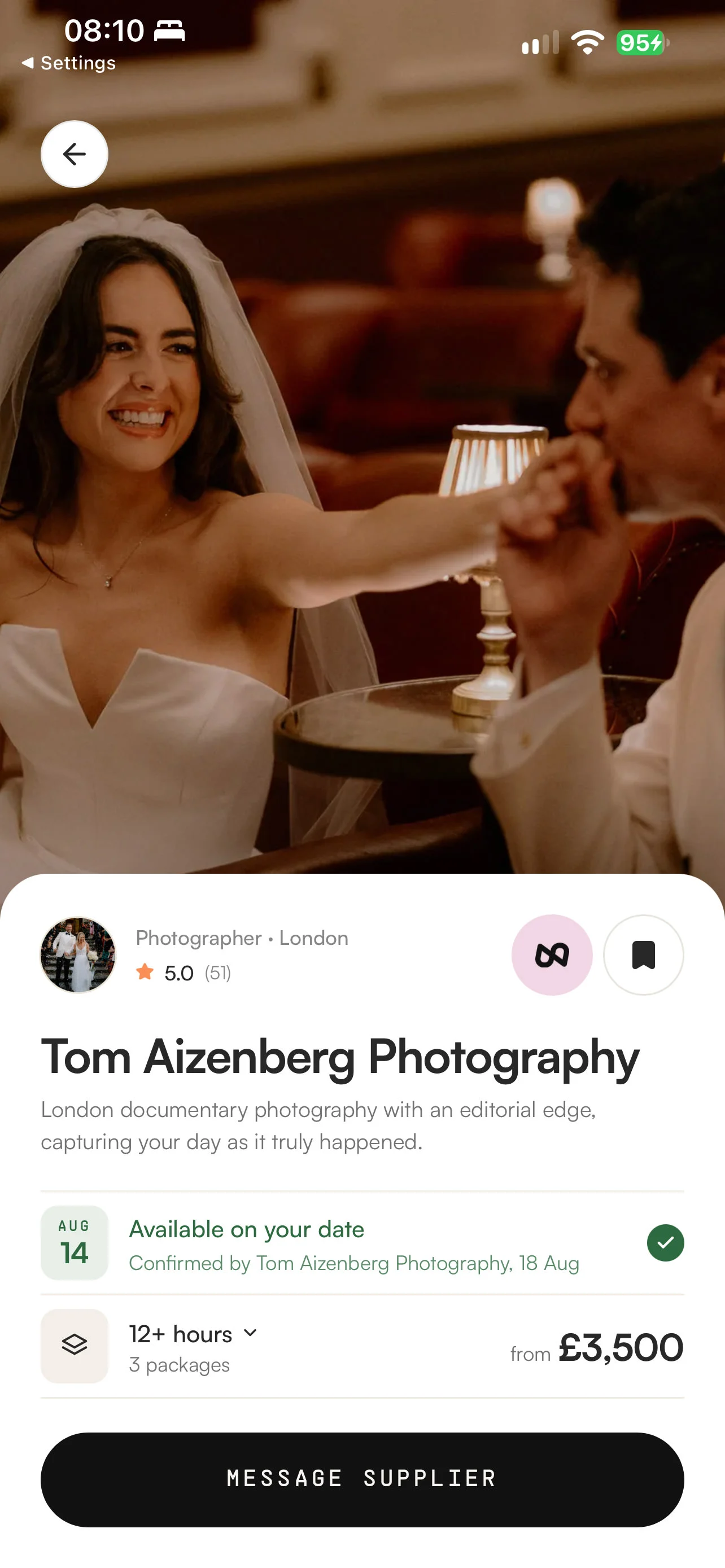 A photographer's profile in the UNVL app, showing their own confirmation that the couple's date is free