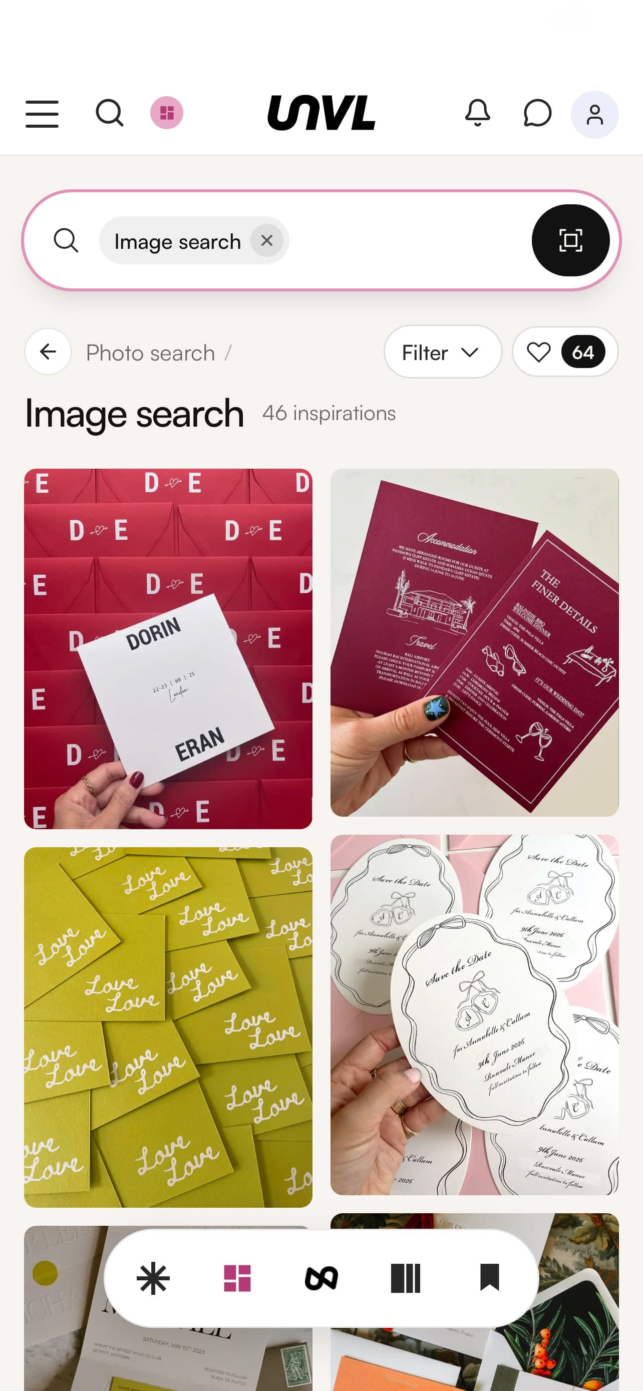 Results in the UNVL app from searching with a photograph, real wedding stationery that looks like the one uploaded