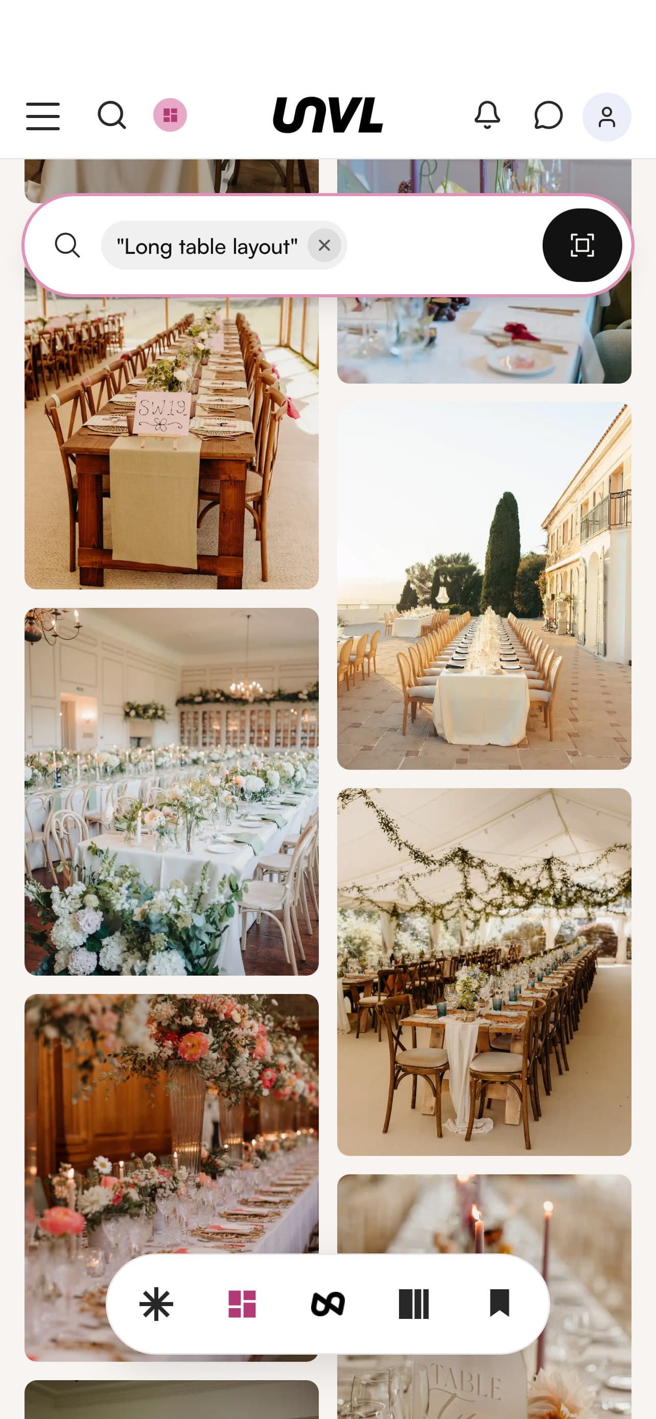 Searching the UNVL app in plain words, long table layout, and the real wedding work it returns
