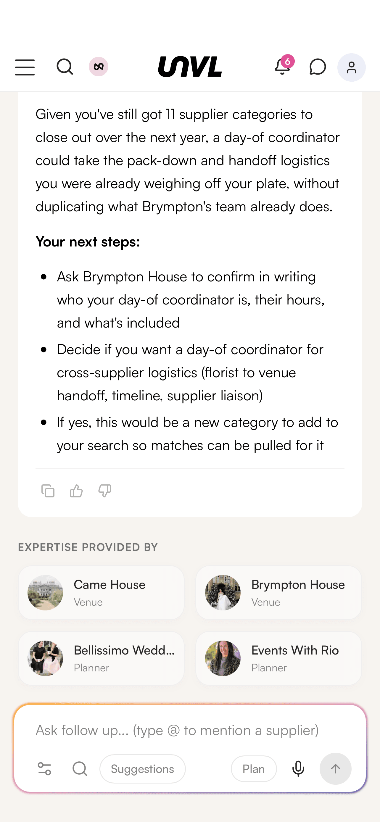 An Assist answer in the UNVL app, credited to the named suppliers it came from