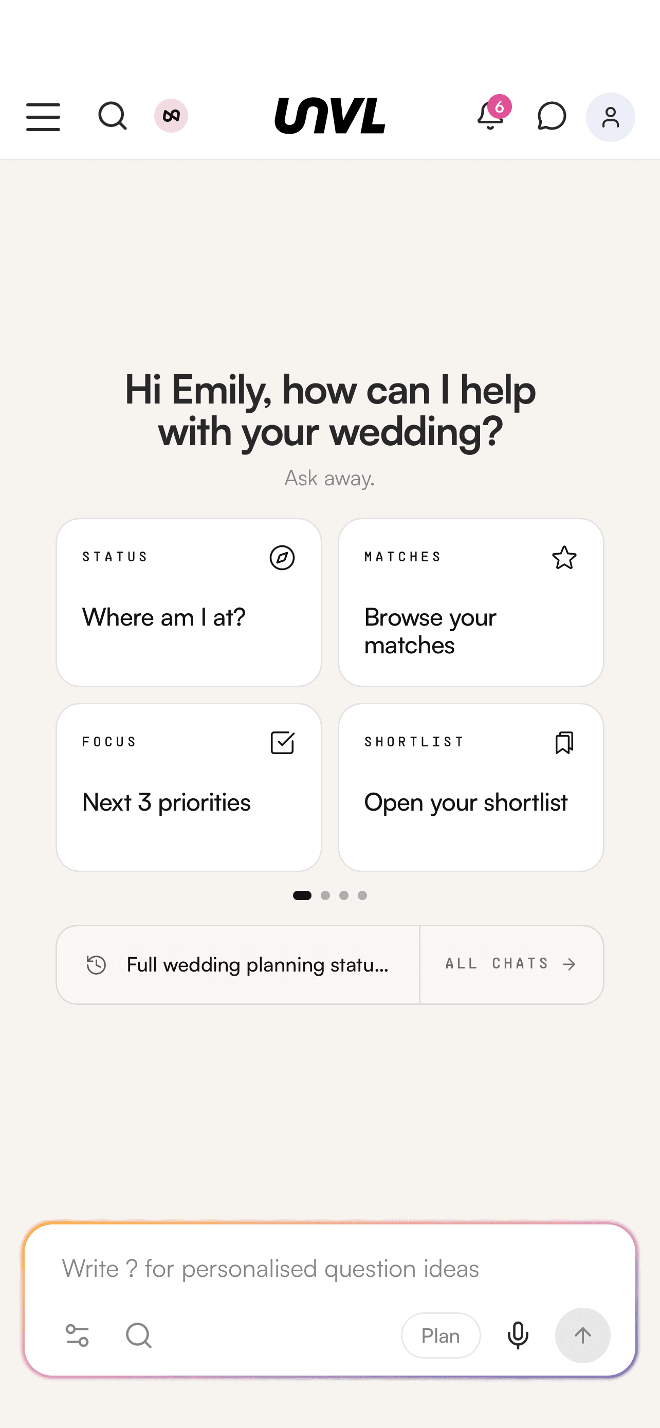 The UNVL app's Assist home, with a couple's own name and the questions they can start from