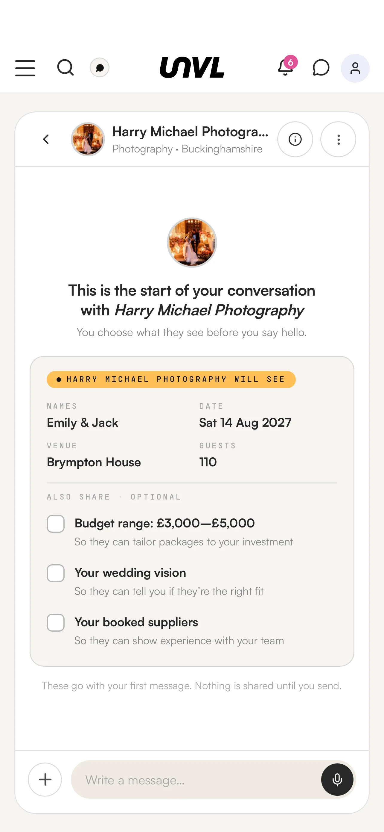 The UNVL app showing what a supplier will see before a couple sends their first message