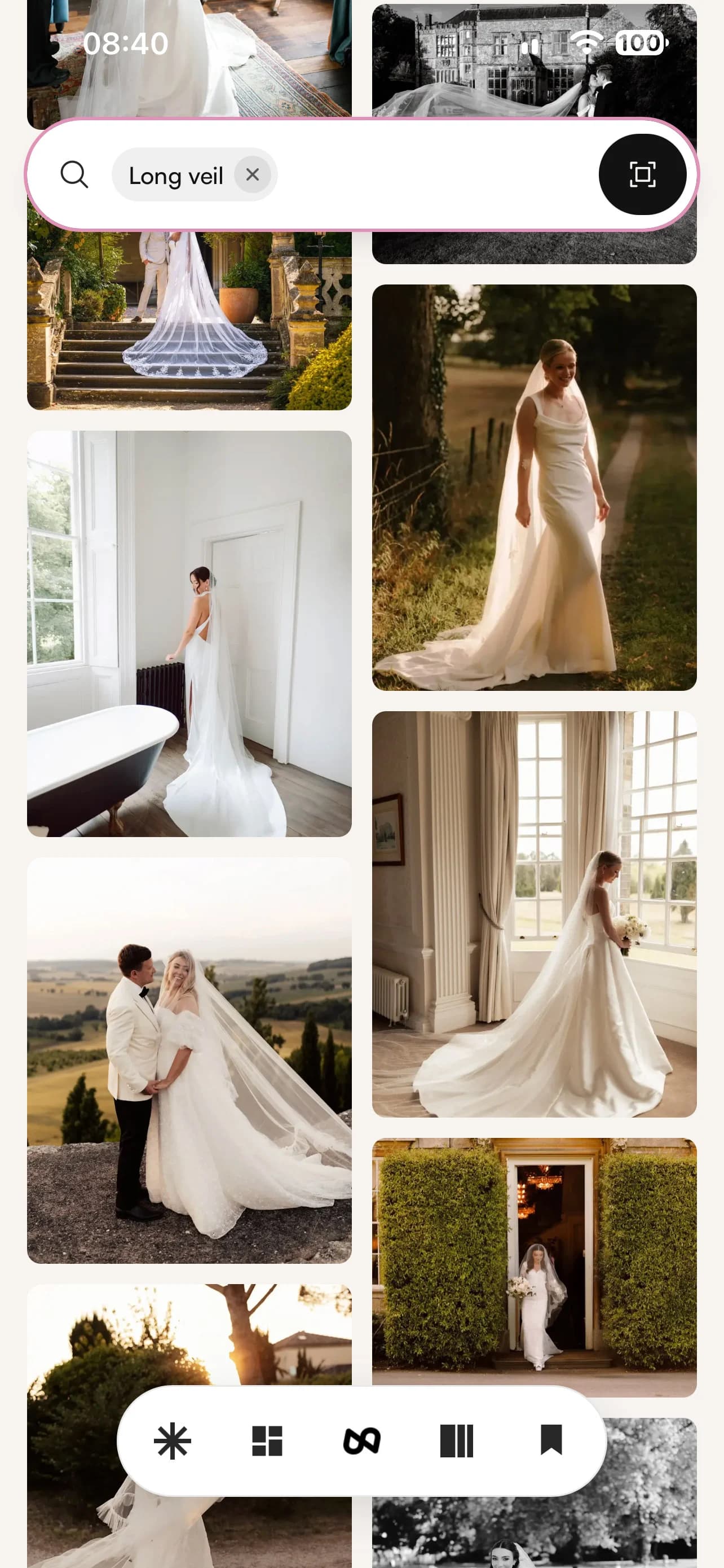 The UNVL app's Style gallery, searched for a long veil