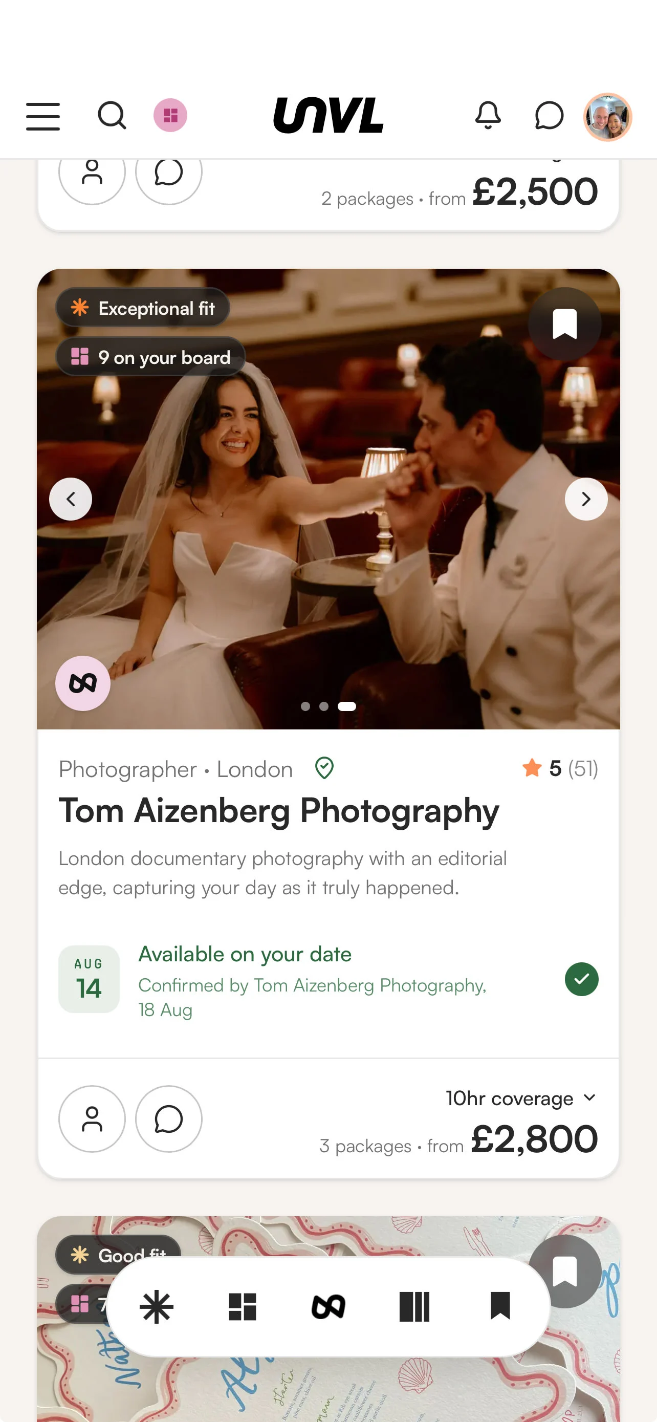 The UNVL app showing the suppliers behind a couple's saved moodboard, each with their own price and date
